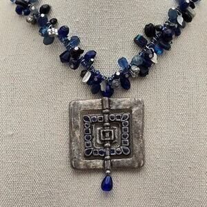 Chico’s Blue Beaded Ornate Necklace Silver Tone Square Pendant